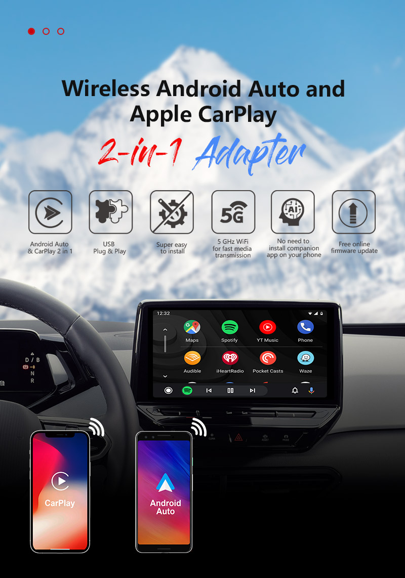 Wireless Android Auto and Apple Carplay 2 in 1 Adapter 