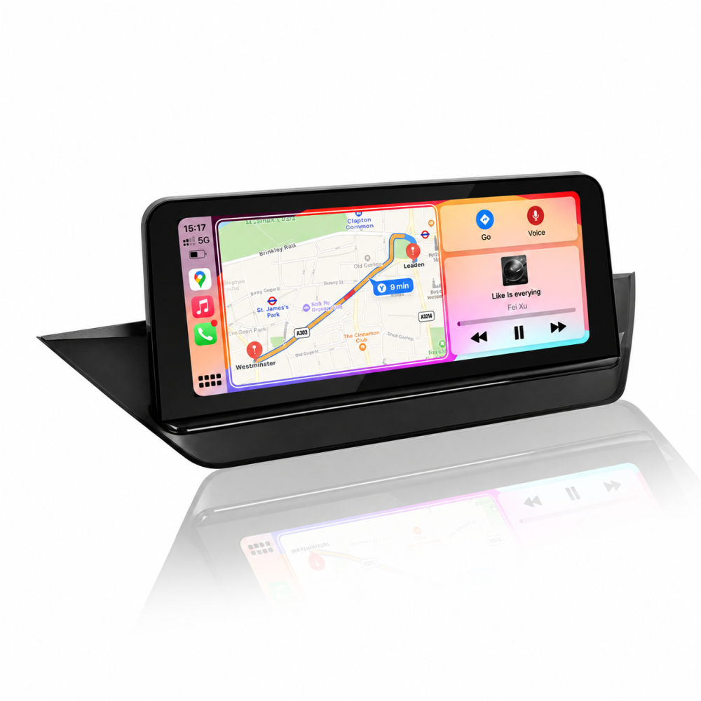Black multimedia display with split navigation dashboard
