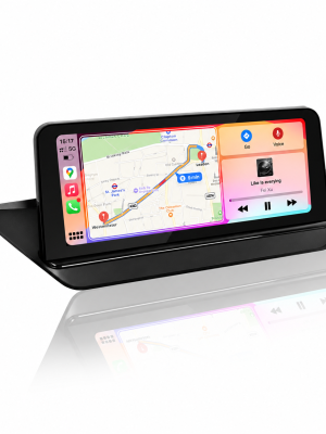 Black multimedia display with split navigation dashboard
