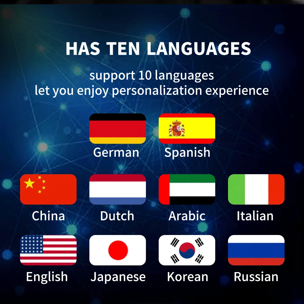 BMW F10 Linux Digital Cluster supporting 10 languages including German, Spanish, Chinese, Dutch, Arabic, Italian, English, Japanese, Korean, and Russian for a personalized driving experience.