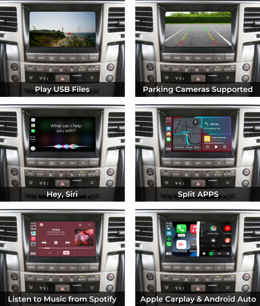 The module supports Apple Carplay and Android Auto wireless functionality on the original multimedia-head unit display. You can also play recordings from a USB stick, use parking cameras and listen to music via Spotify.