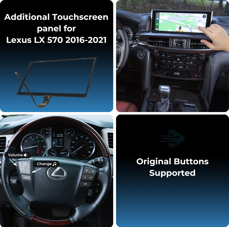 Original car controls are supported. Lexus LX 570 2016-2021 can be customised with a touchscreen