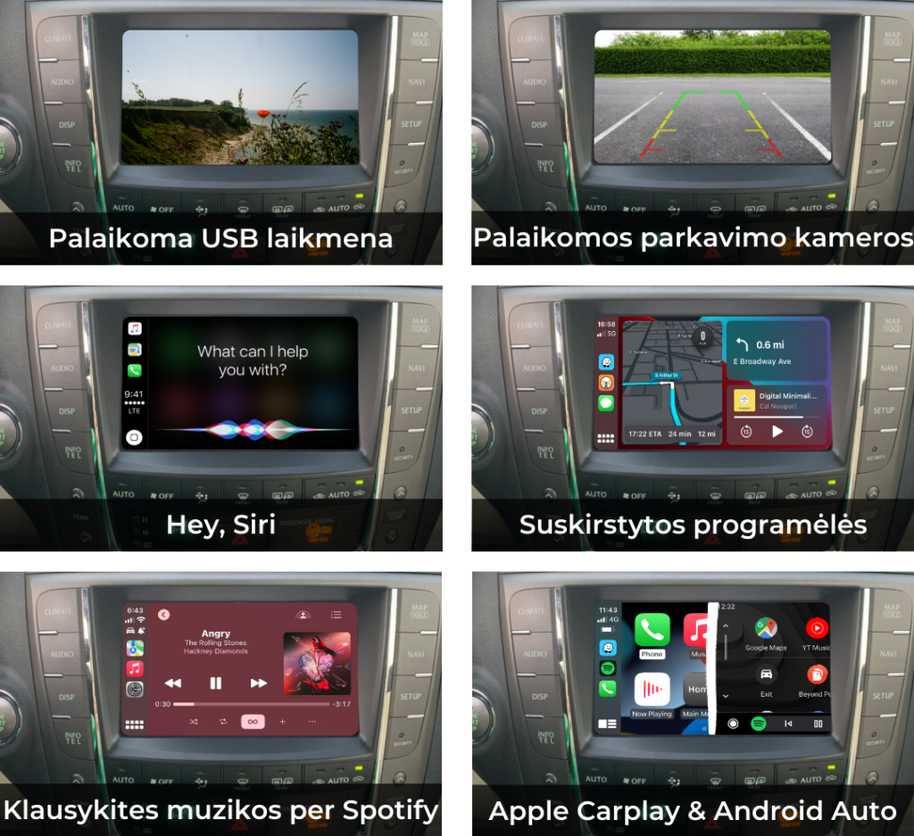 Lexus IS 2009-2012 m. informacijos ir pramogų sistema su Apple CarPlay, Android Auto, USB laikmenomis, parkavimo kamera, Siri, padalytomis programėlėmis ir Spotify.