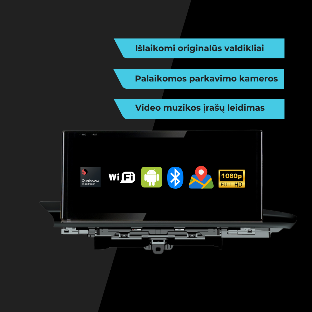 Audi multimedijoje išlaikomi originalūs valdikliai, palaikomos parkavimo kameros, galimybė leisti vaizdo ir muzikos įrašus