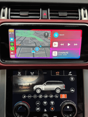Aktyvuotas Apple Carplay funkcionalumas Land Rover automobilyje.