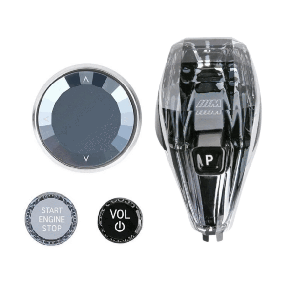 BMW Gear Shifter Knob with crystal start/stop button, volume control, and navigation dial upgrade.