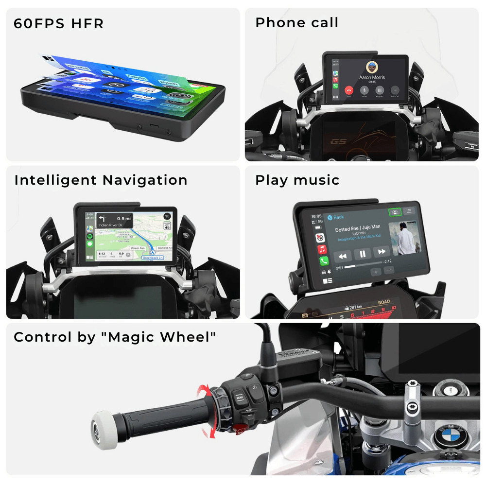 BMW motorcycle CarPlay display with 60FPS performance, smart navigation, music playback, phone call support, and control via BMW's "Magic Wheel" handlebar controller.