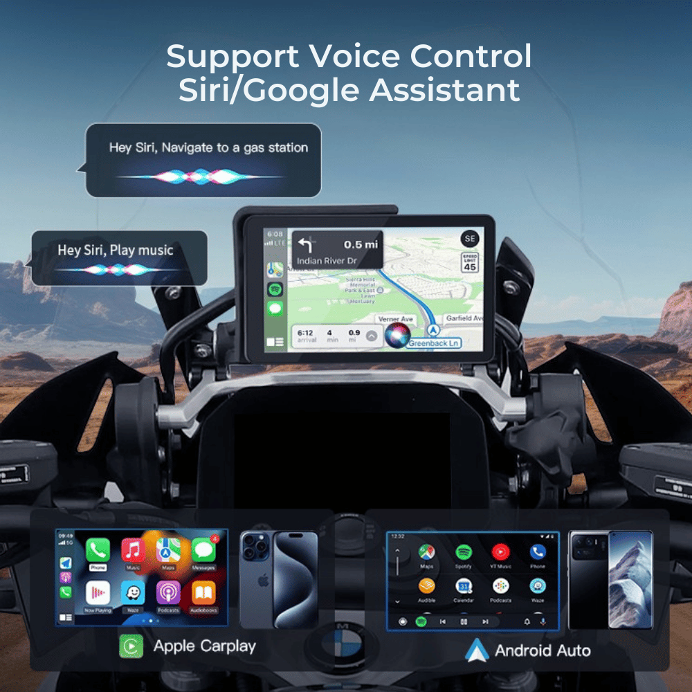 BMW Motorcycle dashboard with voice-controlled GPS, Apple CarPlay, and Android Auto. Display shows navigation, apps, and music. Desert landscape in background.