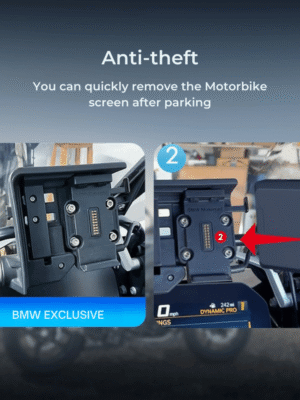 Anti-theft motorbike screen removal instructions. Two images show steps to detach the screen from a BMW bracket. An arrow indicates the removal direction.