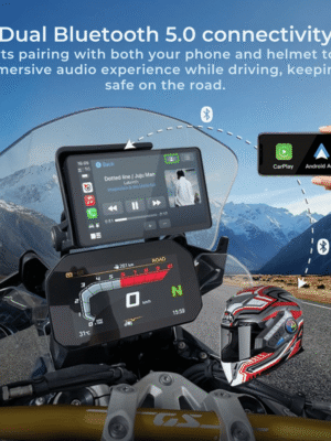 BMW motorcycle touchscreen with Apple CarPlay and Android Auto, showing dual Bluetooth 5.0 connectivity for smartphone and helmet pairing