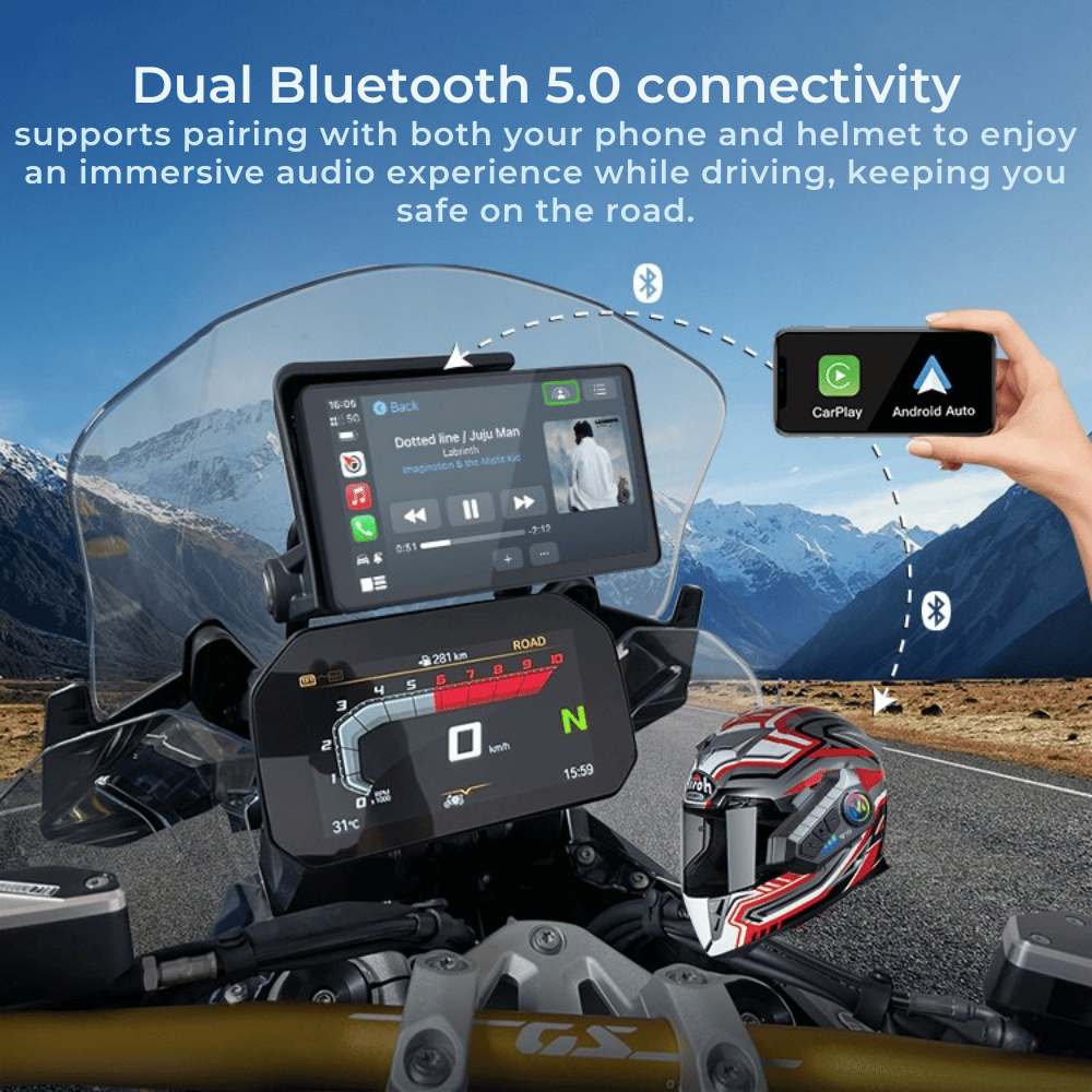 BMW motorcycle touchscreen with Apple CarPlay and Android Auto, showing dual Bluetooth 5.0 connectivity for smartphone and helmet pairing