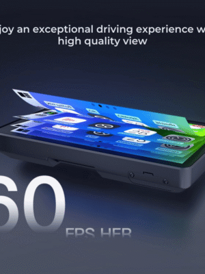 Sleek digital touchscreen displaying colorful app icons on a vibrant screen, promoting 60 FPS quality for a premium driving experience. Modern and high-tech tone.