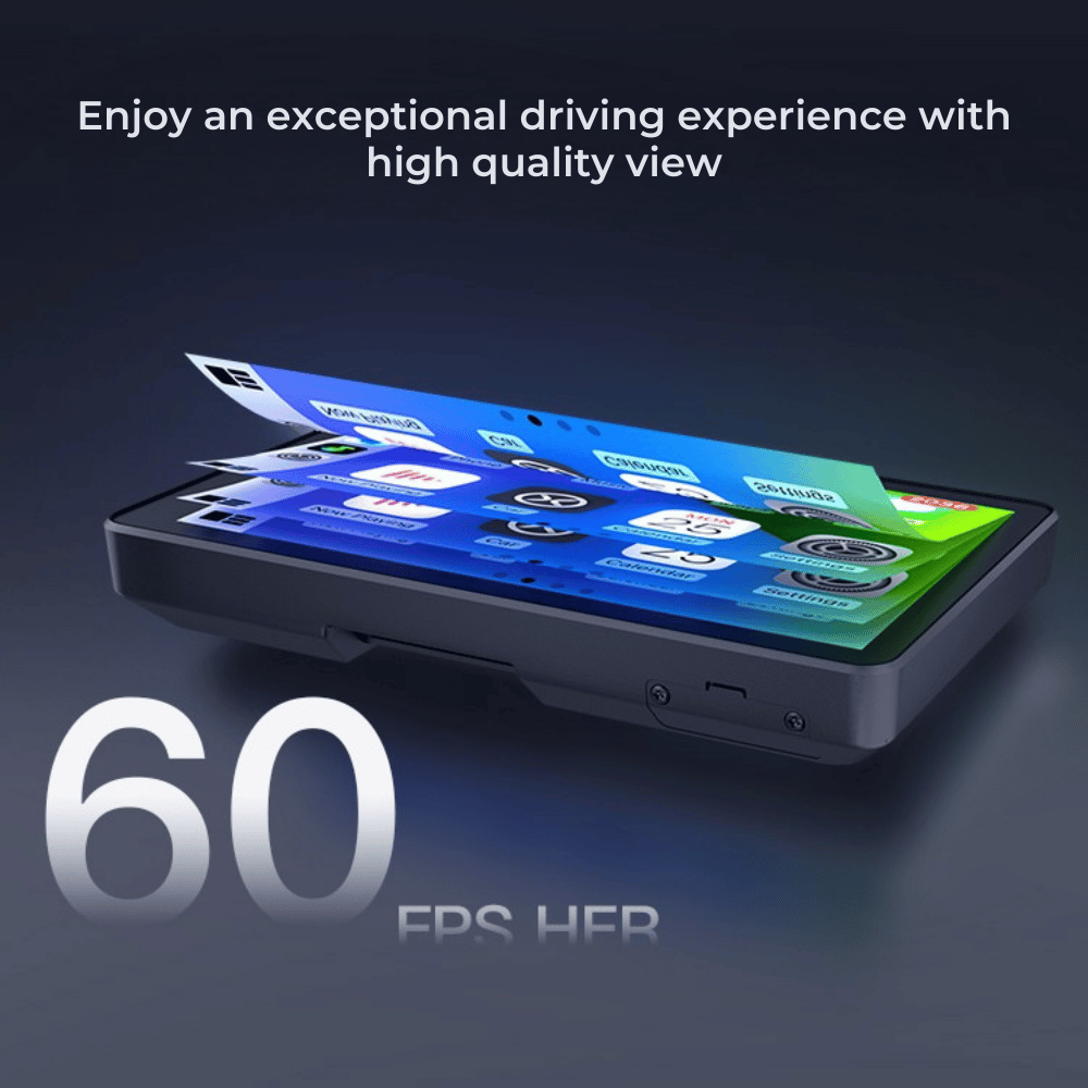 Sleek digital touchscreen displaying colorful app icons on a vibrant screen, promoting 60 FPS quality for a premium driving experience. Modern and high-tech tone.