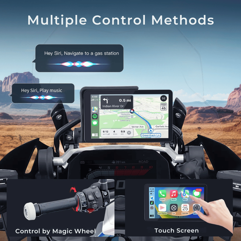 BMW Motorcycle dashboard with GPS, Siri commands for navigation and music. Features include a control wheel and touchscreen. Desert landscape in background.
