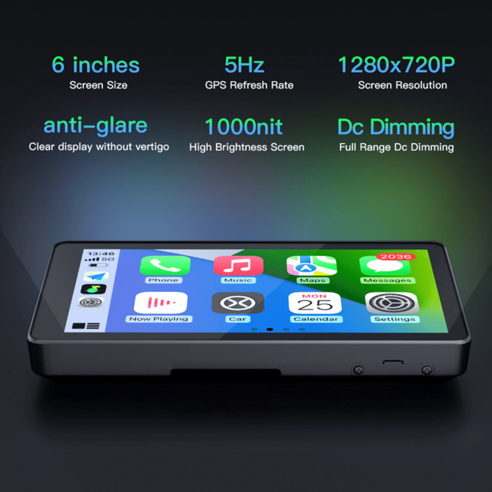 6-inch BMW motorcycle screen with 1280x720 resolution, 1000-nit brightness, anti-glare display, DC dimming, and 5Hz GPS refresh rate