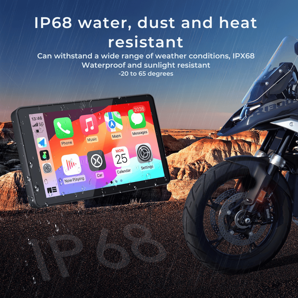 Touchscreen with colorful app icons and water droplets, beside a motorcycle, showcases IP68 water, dust, and heat resistance in a desert landscape.