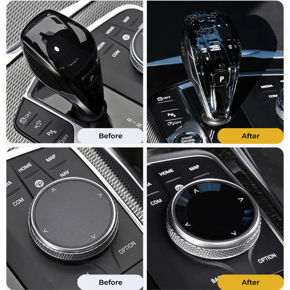 Four comparison images showing old gear shifter knob versus new crystal shifter and old rotary knob versus new rotary knob.
