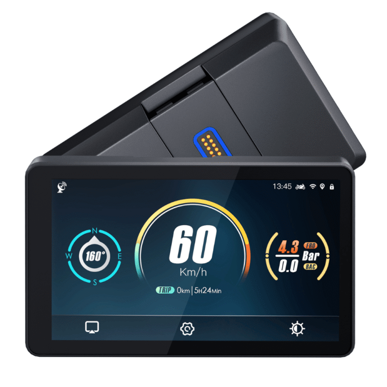 BMW motorcycle screen showing speedometer, compass, and tire pressure interface on a 6-inch display with docking connector visible