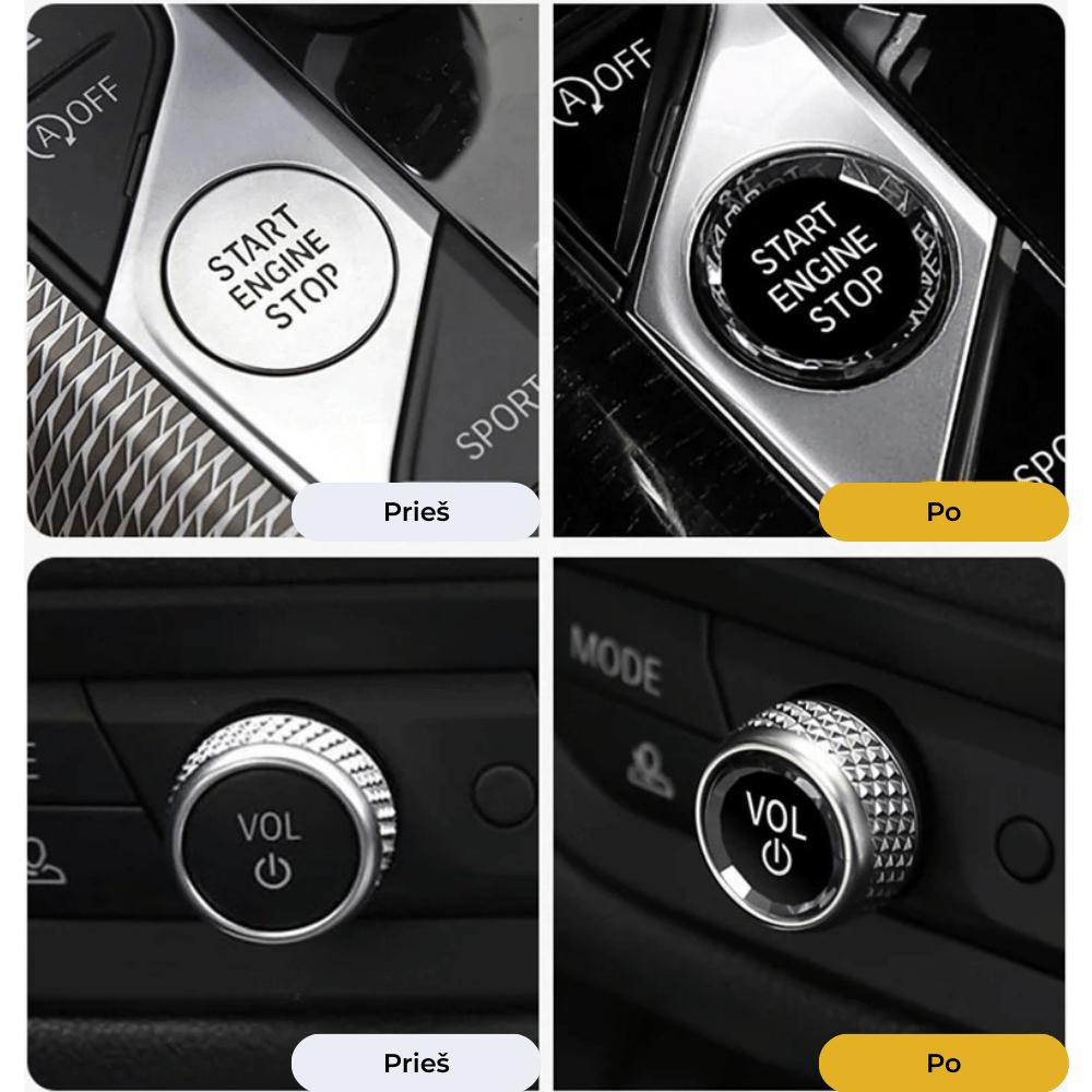 Keturi lyginamieji vaizdai, kuriuose pavaizduoti automobilio „Start Engine Stop“ ir „VOL“ mygtukai prieš ir po dekoratyvinių metalinių dangtelių uždėjimo.