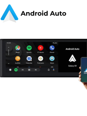 Android Auto sąsaja rodoma Audi liečiamame multimedijos ekrane, kuriame demonstruojamos navigacijos ir programėlių funkcijos.