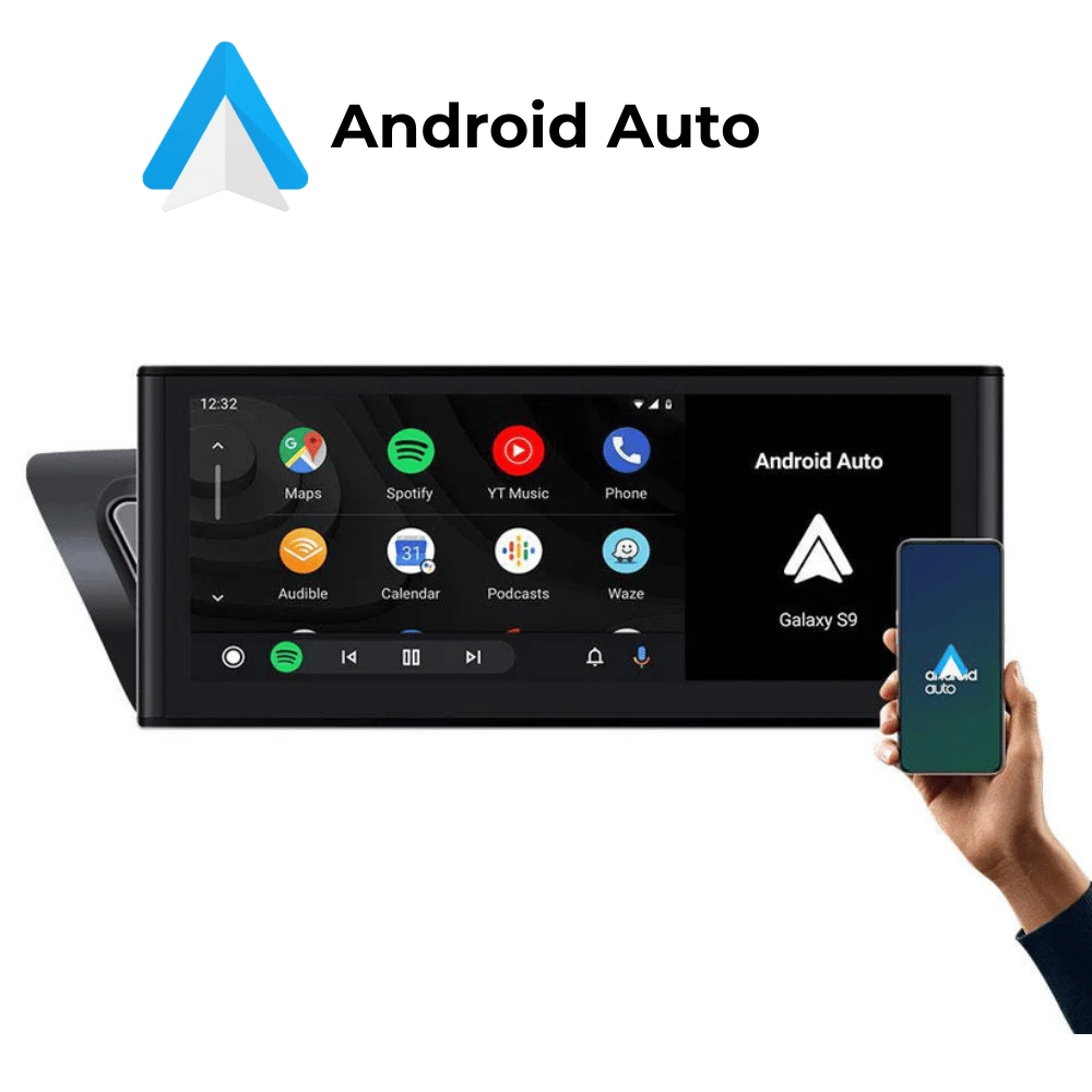 Android Auto sąsaja rodoma Audi liečiamame multimedijos ekrane, kuriame demonstruojamos navigacijos ir programėlių funkcijos.