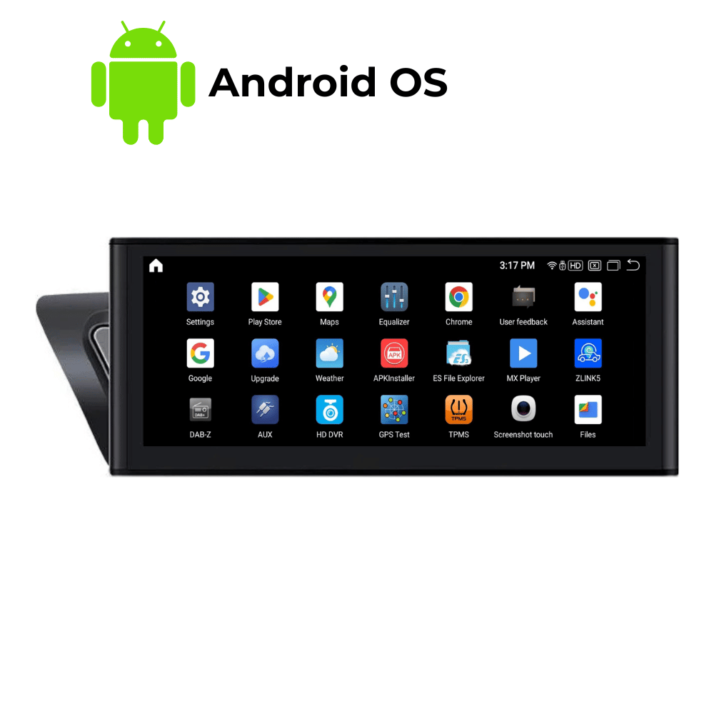 Moderni multimedija su Android operacine sistema, kurioje rodomi navigacijos žemėlapiai ir muzikos atkūrimo parinktys.