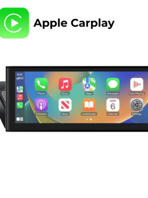 Apple Carplay sąsaja pavaizduota automobilio ekrane kartu su programėlių piktogramomis.