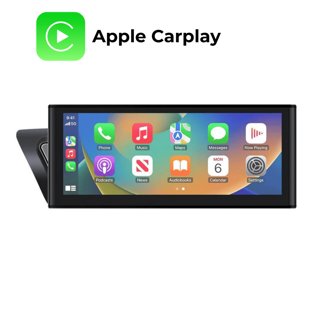 Apple Carplay sąsaja pavaizduota automobilio ekrane kartu su programėlių piktogramomis.