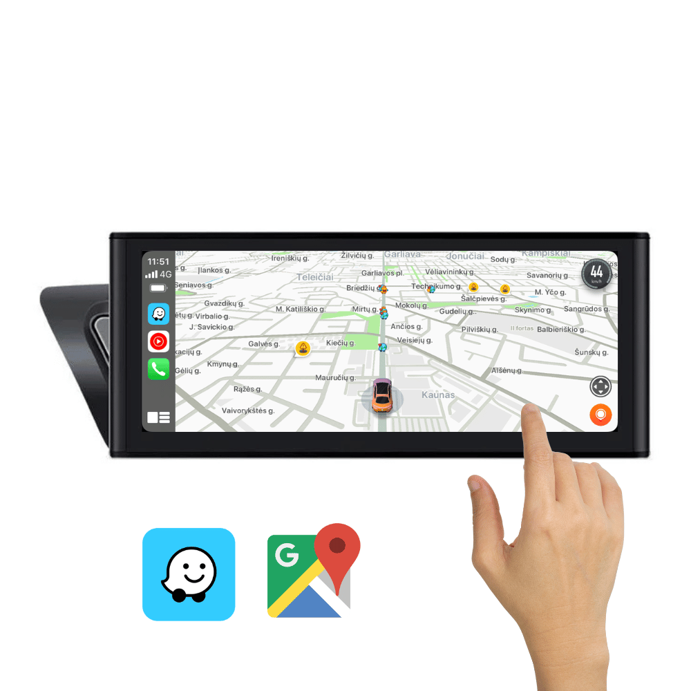 Liečiamo ekrano funkcijos demonstravimas valdant multimedijos GPS sistemą.
