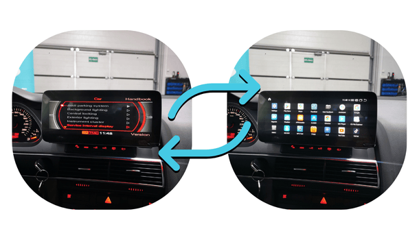 Audi automobilio multimedijos sistemos atnaujinimo palyginimas: kairėje pusėje rodoma originali gamyklinė sąsaja, dešinėje – moderni Android sistema su programėlių piktogramomis.