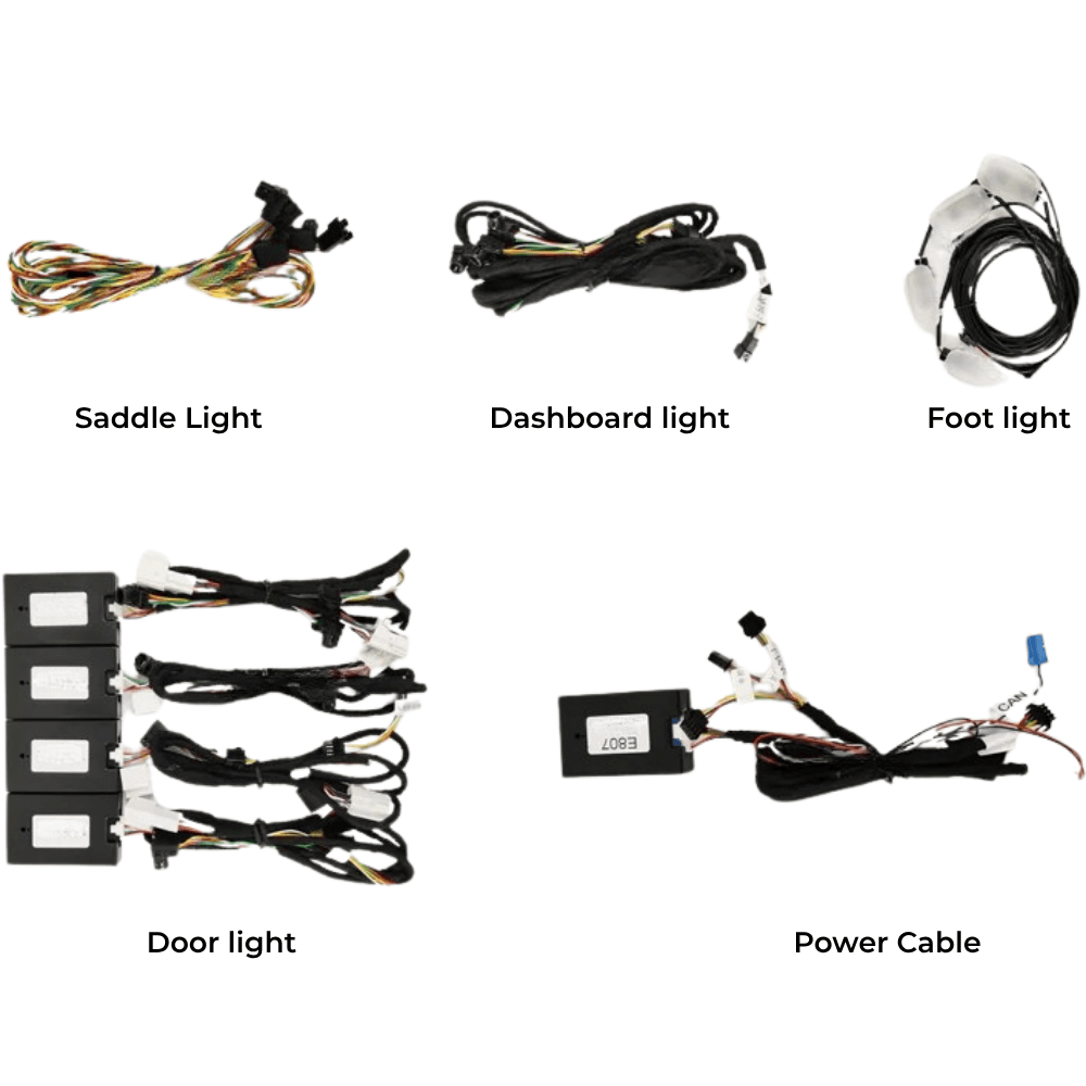 Mercedes W213 64 spalvų led ambient litghtning turinys: balno žibintai, prietaisų skydelio apšvietimo laidai, kojų zonos žibintai, durų apšvietimo moduliai ir maitinimo kabelis, kurį galima prijungti ir naudoti.