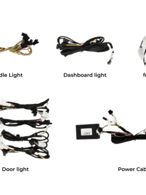 Mercedes E-Class W213 64-color ambient light kit components including saddle light harness, dashboard light cable, footwell light modules, door ambient lighting harnesses, and central power control cable.