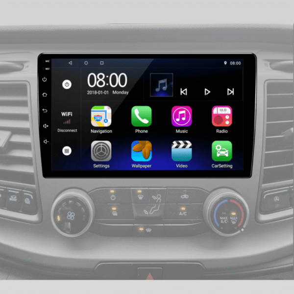 Ford Transit multimedija puikiai priderinta prie automobilio interjero. Liečiamas ekranas ir Android operacine sistema.