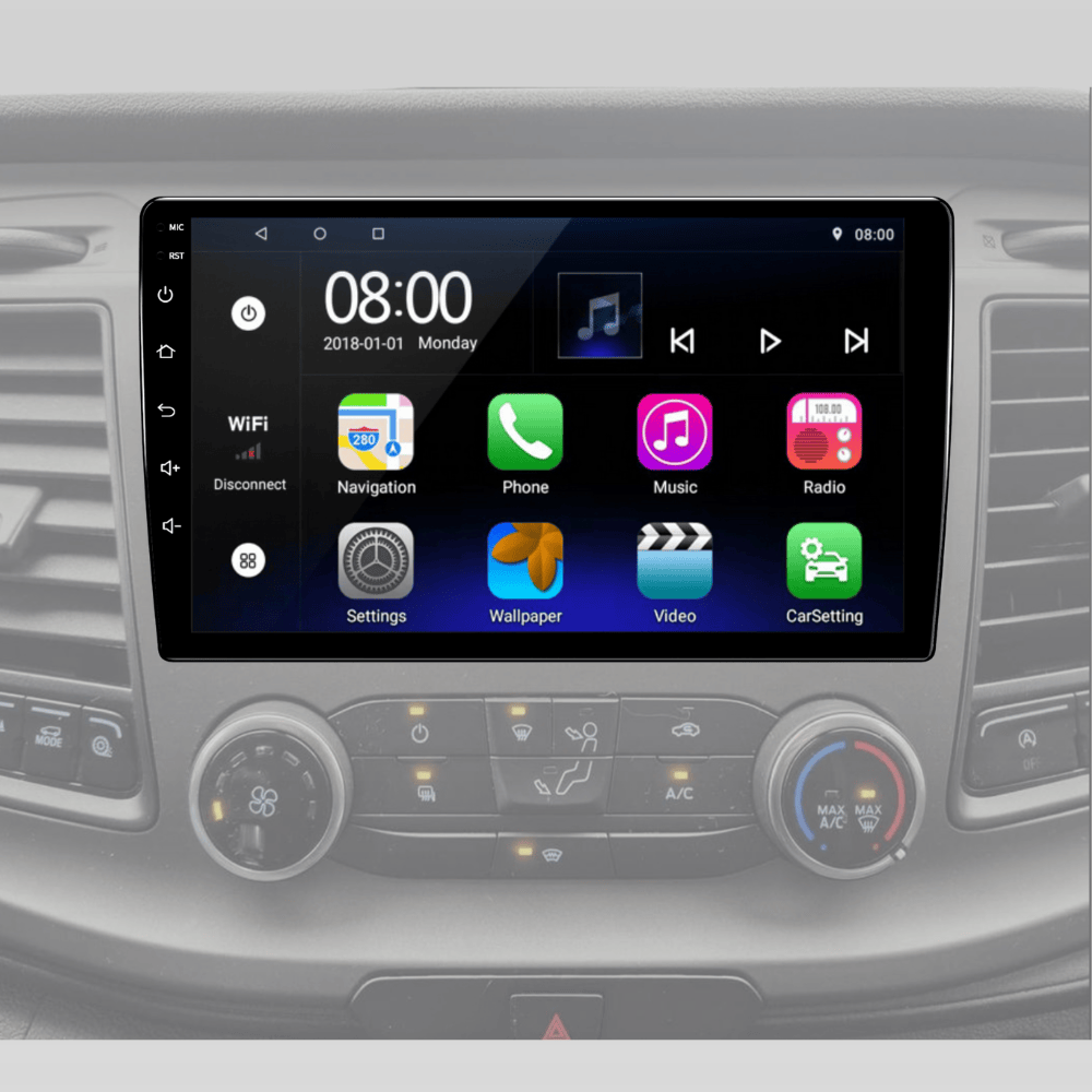 The Ford Transit multimedia head unit is tailored to the car's interior. Touchscreen function and Android operating system.