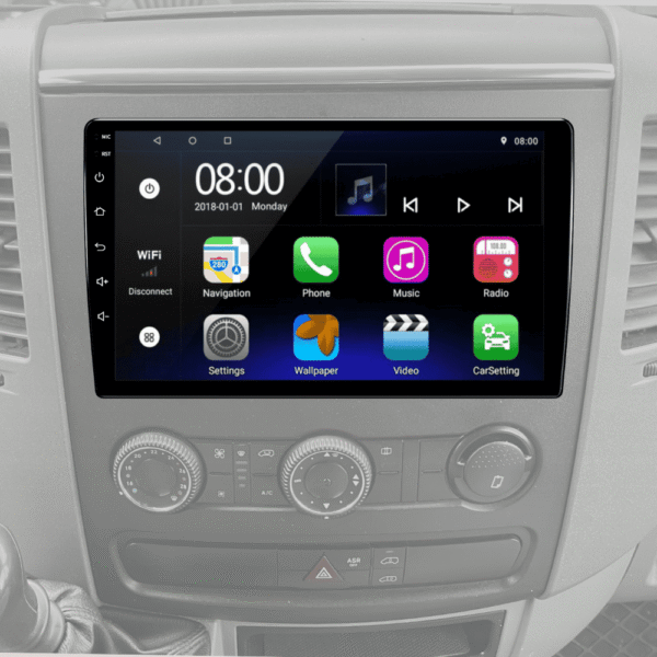 Mercedes Sprinter W906 puikiai priderinta prie automobilio interjero. Liečiamas ekranas ir Android operacine sistema.