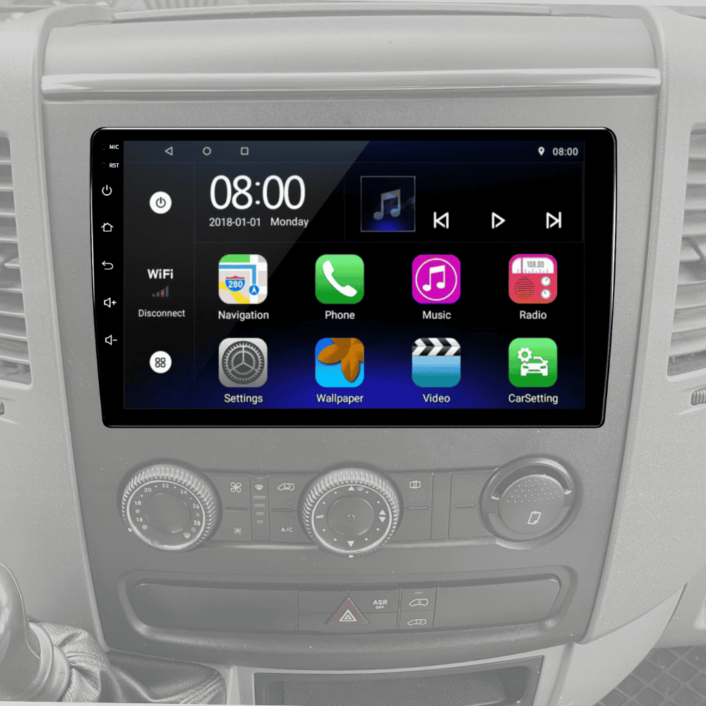 Mercedes Sprinter W906 puikiai priderinta prie automobilio interjero. Liečiamas ekranas ir Android operacine sistema.