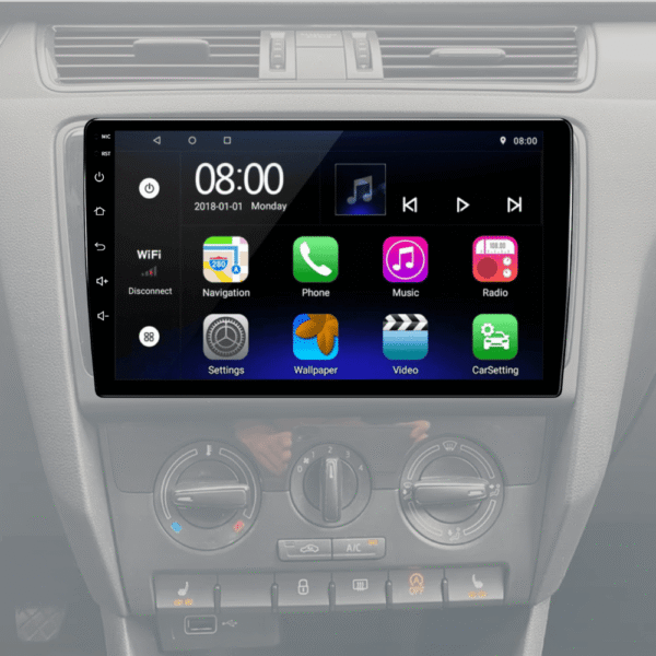 Skoda Rapid multimedija puikiai suderinta su automobilio interjeru. Liečiamas ekranas ir android operacinė sistema.