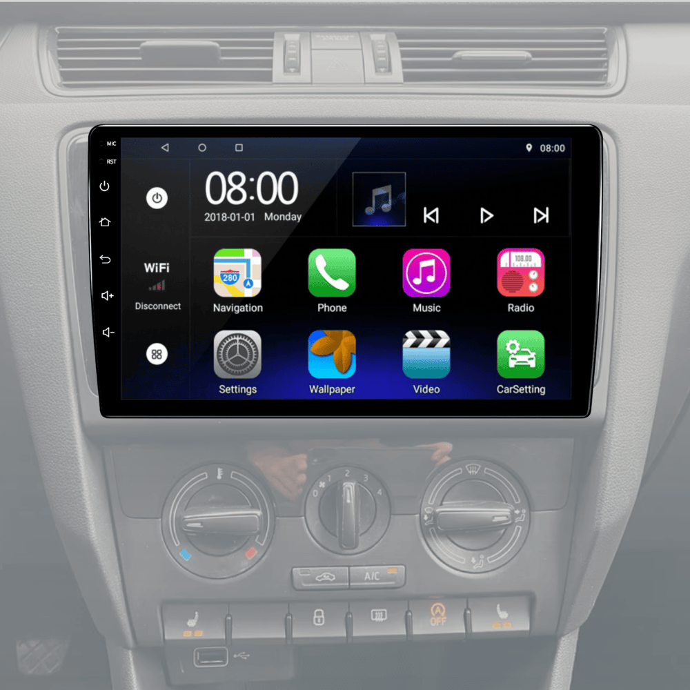 Skoda Rapid multimedija puikiai suderinta su automobilio interjeru. Liečiamas ekranas ir android operacinė sistema.