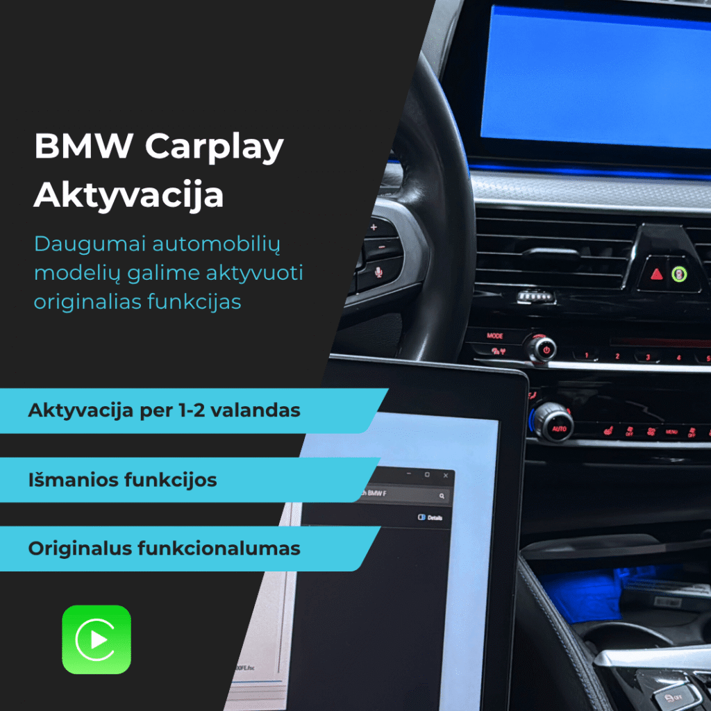 BMW CarPlay aktyvavimo paslauga baneris — automobilių originalių funkcijų aktyvavimas per 1-2 valandas, BMW multimedijos atnaujinimas, išmanios funkcijos, originalus funkcionalumas, profesionalus programavimas.