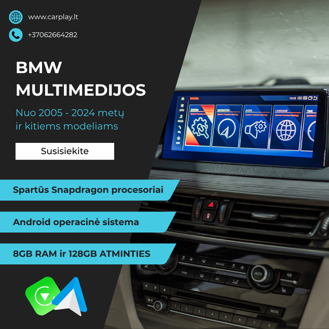 BMW multimedijos pasiūlymas: sistema palaikoma nuo 2009 iki 2024 metų modelių. Snapdragon procesoriai, Android OS, 8GB RAM ir 128GB atminties.