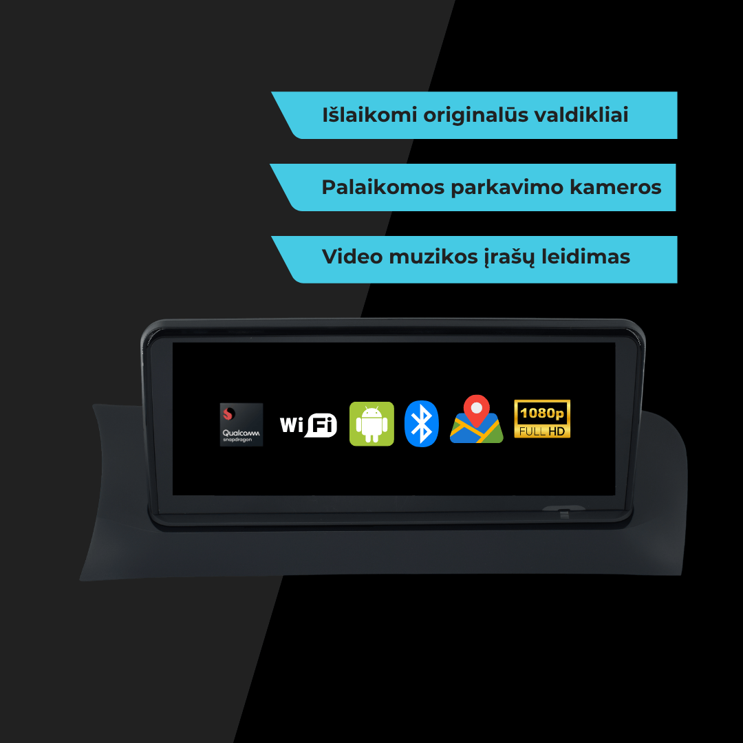 BMW multimedija palaiko parkavimo kameras, originalius valdiklius, muzikos ir atkuria vaizdo įrašus, 1080p ekranas, WiFi, Bluetooth, Android.
