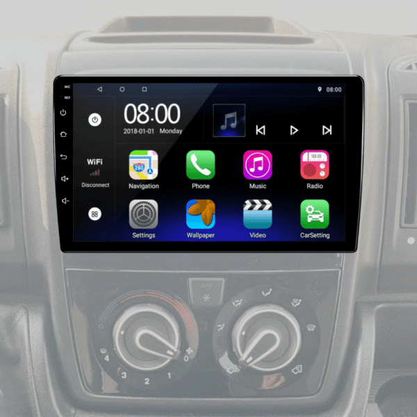 Fiat Ducato multimedija puikiai priderinta prie automobilio interjero. Liečiamas ekranas ir Android operacine sistema.