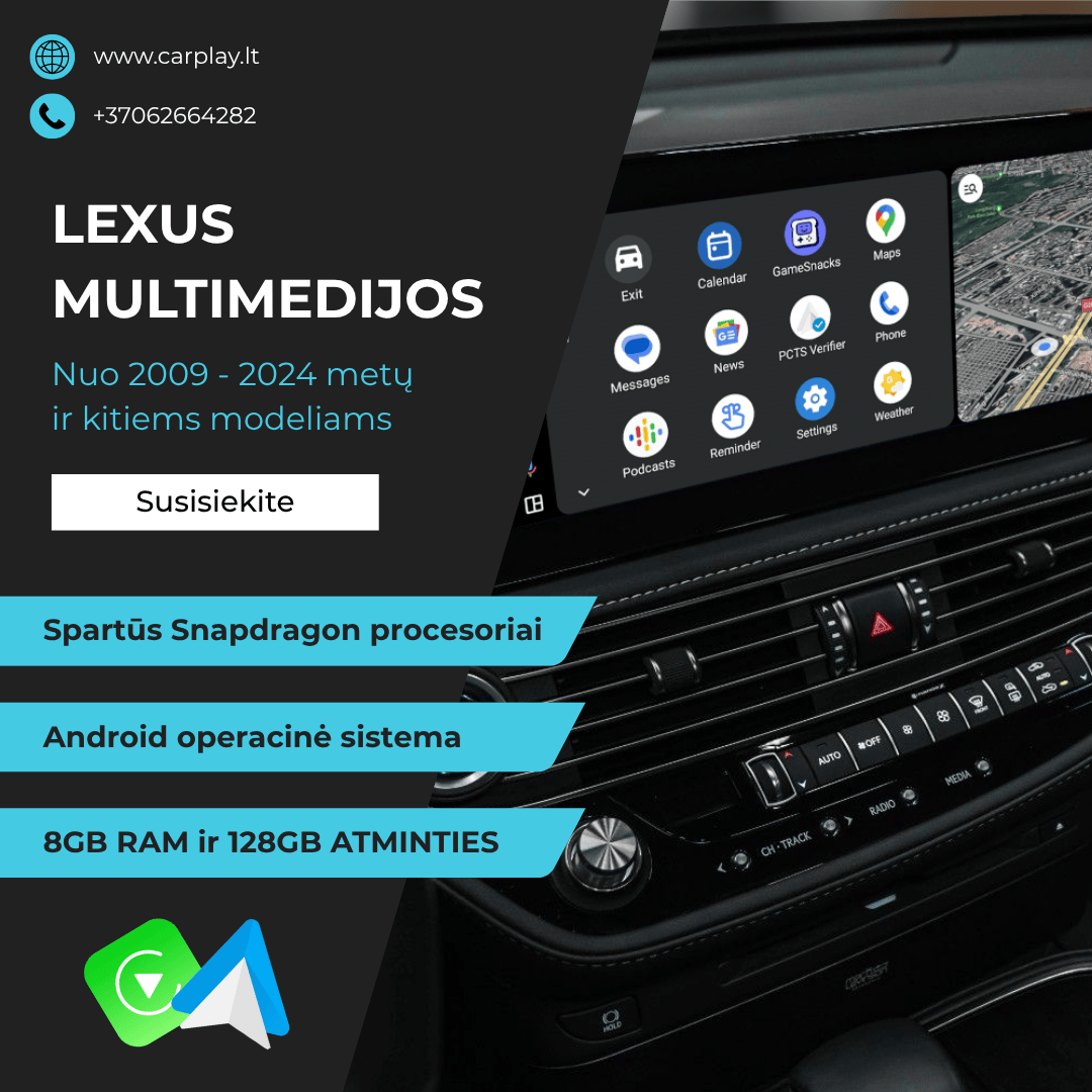 Lexus multimedijos palaikomos nuo 2009 iki 2024 metų modelių. Snapdragon procesoriai, Android OS, 8GB RAM ir 128GB atminties.