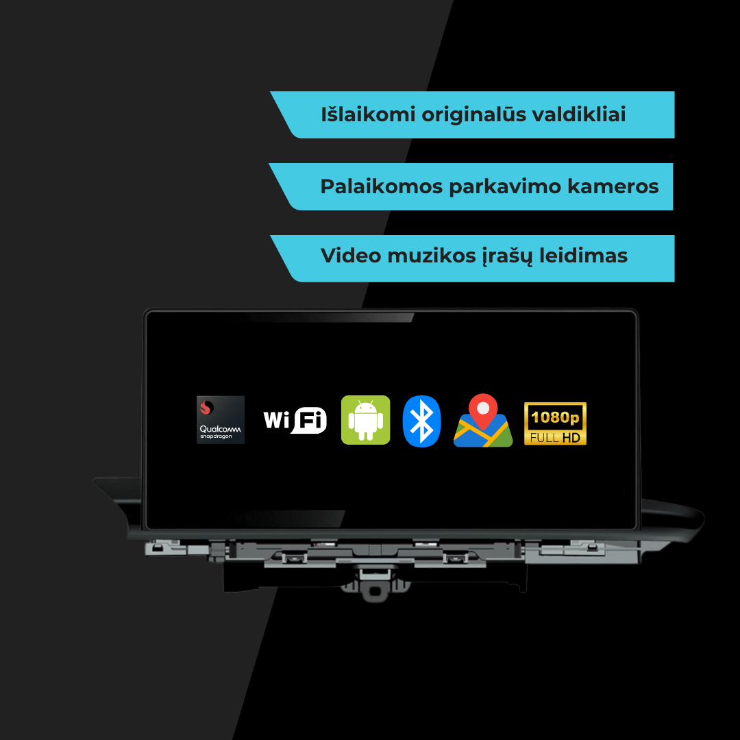 Lexus multimedijoje palaikomos parkavimo kameros, originalūs valdikliai, muzikos ir vaizdo įrašų atkūrimas, 1080p ekranas, WiFi, Bluetooth, Android.