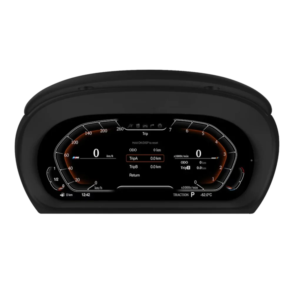 Modernus skaitmeninis prietaisų skydelis skirtas BMW E90, sureguliuotas šviesti raudona spalva.