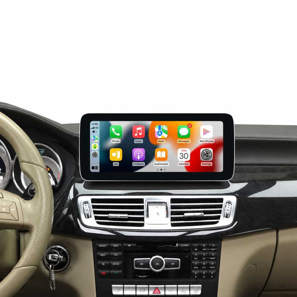 Mercedes interior with CarPlay screen