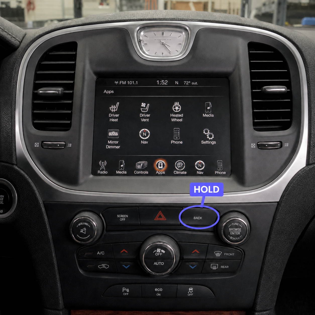 Original Chrysler Uconnect console showing the BACK button to press and hold