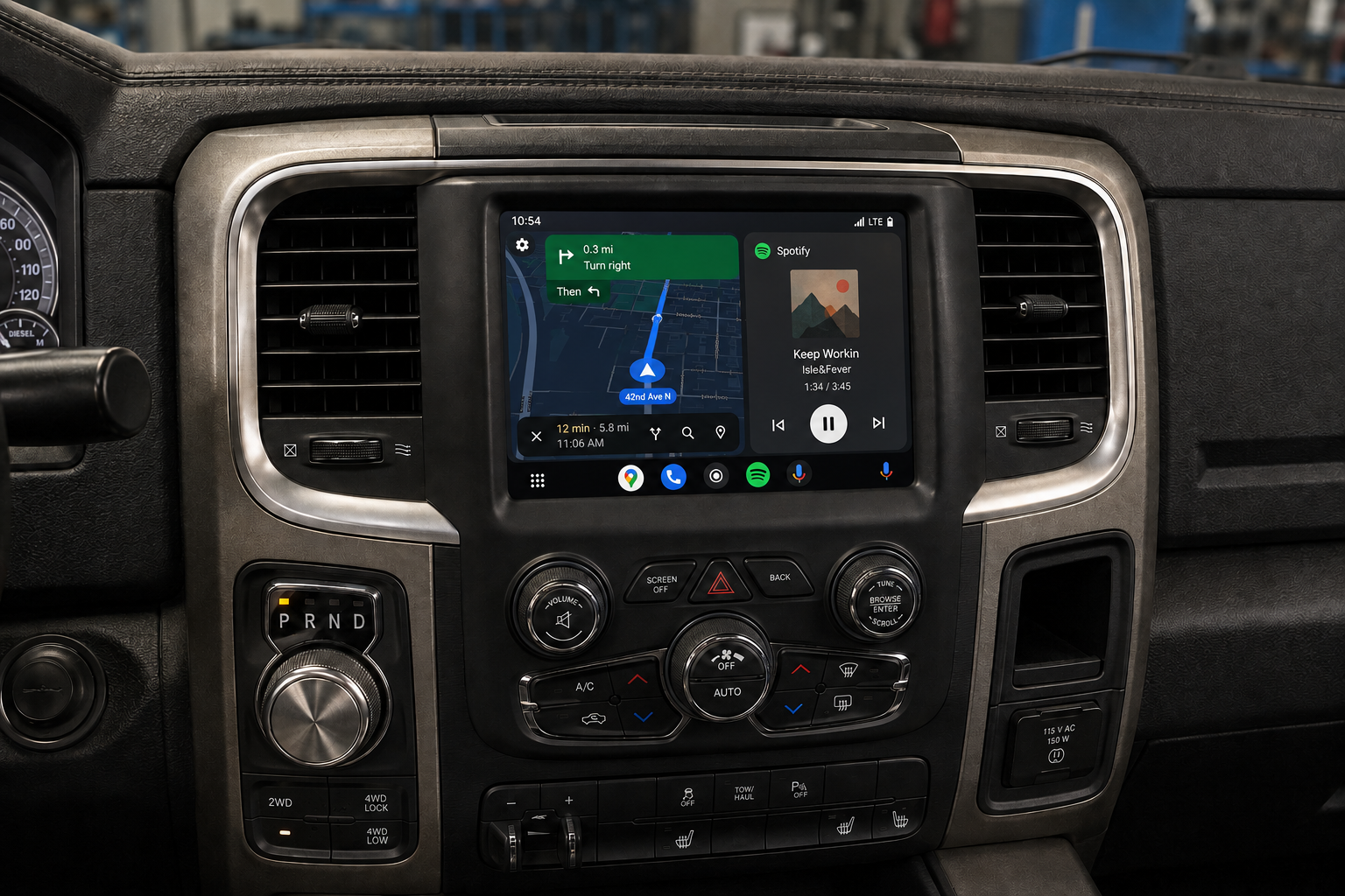 Android Auto displayed on the original Uconnect 8.4 screen in a Dodge Durango