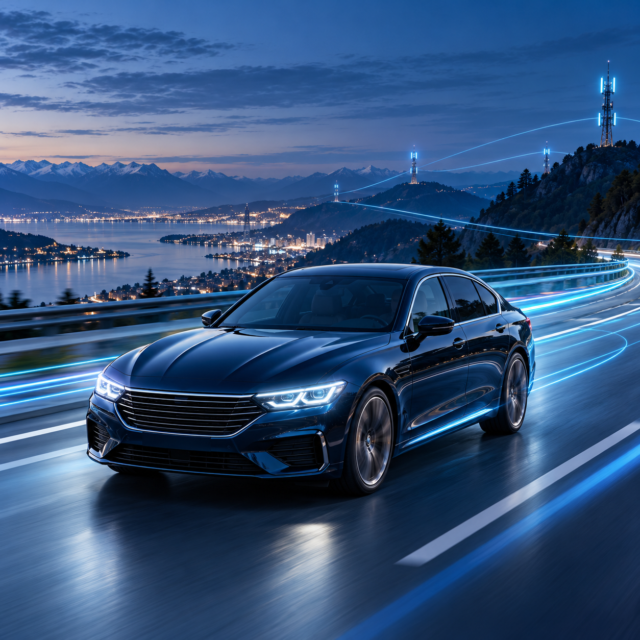 Connected premium car using high-speed mobile data on an open road at blue hour
