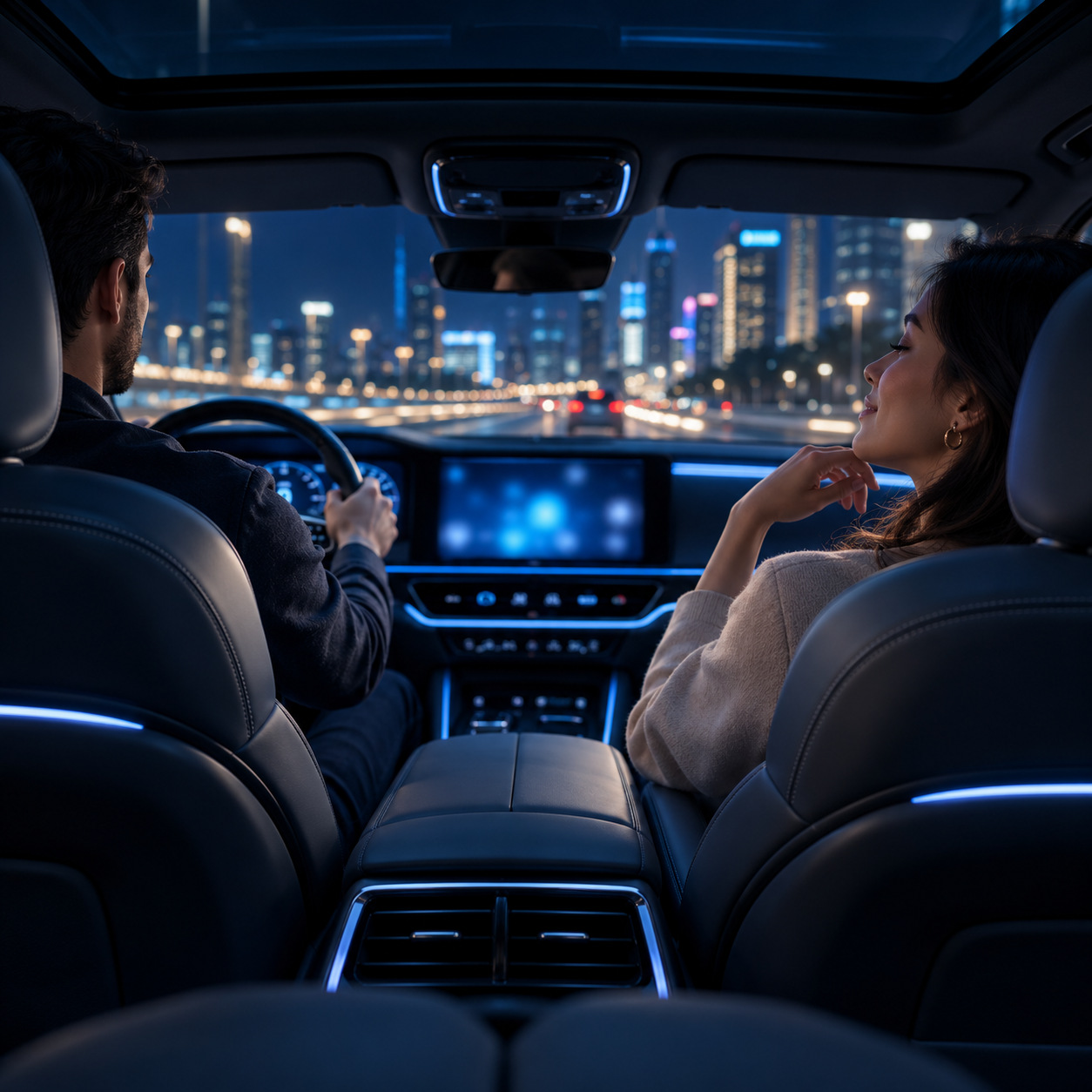 Premium connected-car interior illustrating Android navigation music and entertainment